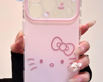 Kawaii Pink Kitty Case with Bow Beaded Charm, Pastel Y2K Coquette Cover for iPhone 17 16 15 14 13 Pro Max, Cute Anime Cat Aesthetic Gift