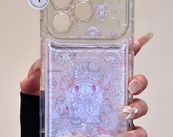 Cute My Melody Liquid Glitter Phone Case with Beaded Charm, Kawaii Pink Quicksand Cover iPhone 17 16 15 14 13 Pro Max, Y2K Coquette Gift