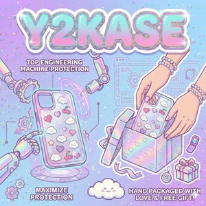 May include: A pastel-colored illustration featuring a phone case with hearts, cherries, and clouds. The text "Y2KASE" is at the top. The image also includes the text "TOP ENGINEERING MACHINE PROTECTION", "MAXIMIZE PROTECTION", and "HAND PACKAGED WITH LOVE & FREE GIFT!"
