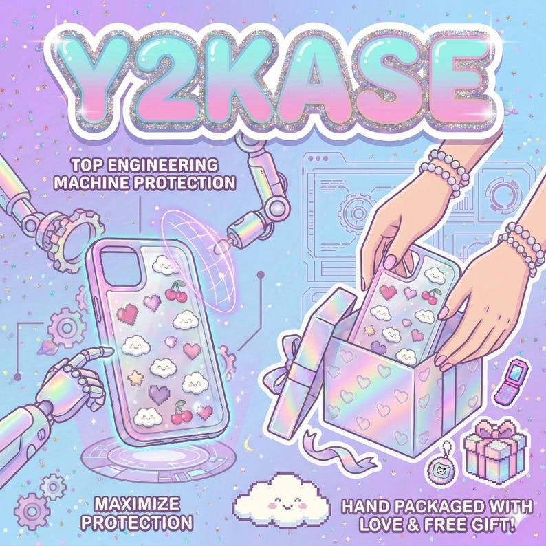 May include: A pastel-colored illustration featuring a phone case with hearts, cherries, and clouds. The text "Y2KASE" is at the top. The image also includes the text "TOP ENGINEERING MACHINE PROTECTION", "MAXIMIZE PROTECTION", and "HAND PACKAGED WITH LOVE & FREE GIFT!"