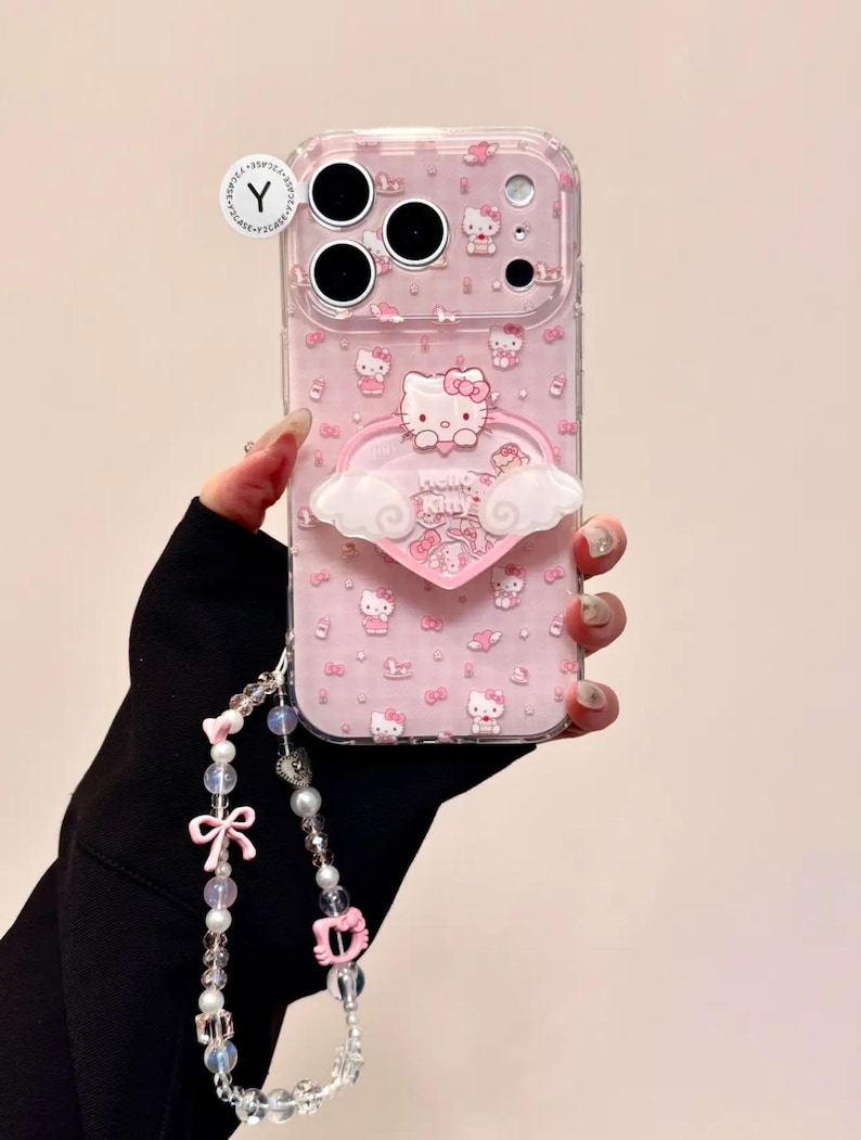 Hello Kitty mobilskal med hjärtformad pärlhänge, kawaii rosa iPhone 17 16 15 14 13 Pro Max-skal, Y2K Coquette estetisk Sanrio-stil Case+Grip+Charm