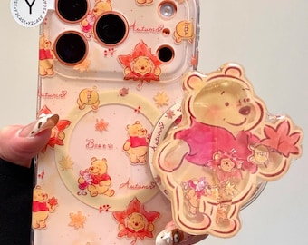 Winnie the Pooh MAGSAFE Case with Liquid Shaker Grip & Beaded Charm, Kawaii Clear Autumn Cover iPhone 17 16 15 14 13 Pro Max, Y2K Aesthetic