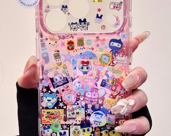 Kawaii Y2K Tamagotchi Sticker Bomb Pink Glitter Case with Beaded Charm, Retro Anime Cover iPhone 17 16 15 14 13 Pro Max Coquette Gift
