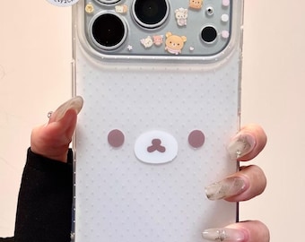 Cute Minimalist Rilakkuma Bear Case with Beaded Charm, Silver Camera Protector Cover iPhone 17 16 15 14 13 Pro Max, Kawaii Y2K Coquette Gift