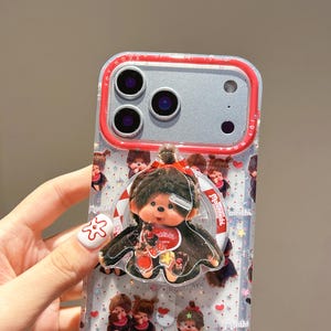 Monchhichi Bear MAGSAFE Case with Bear Popsocket Grip & Beaded Charm, Kawaii Clear Red Cover iPhone 17 16 15 14 13 Pro Max, Y2K Gift