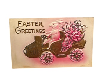 Vintage Embossed Easter Postcard Pink Bunny Driving Gold Car with Roses Antique