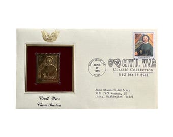 Replica del francobollo Clara Barton con lamina d'oro 22 carati, busta del primo giorno di emissione, collezione Guerra Civile 95