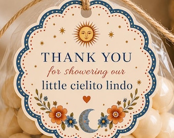 Cielito Lindo Baby Shower Favor Tags, Editable Floral Celestial Labels (Digital Download)