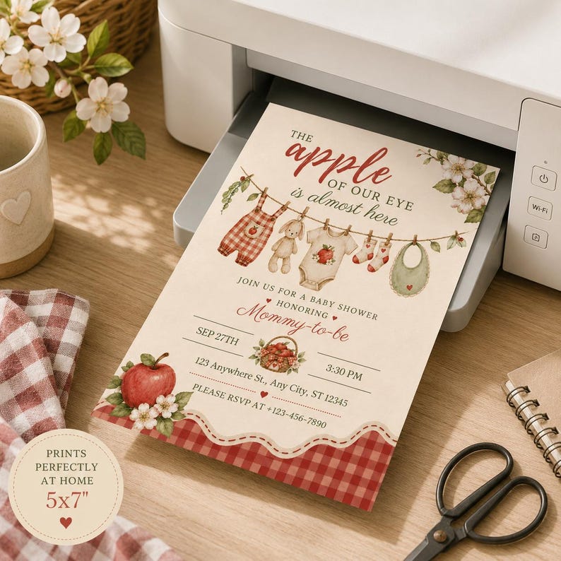 May include: A baby shower invitation card featuring the text The apple of our eye is almost here, with illustrations of baby clothes on a clothesline, a red apple, and a red gingham border. The card includes placeholders for event details.