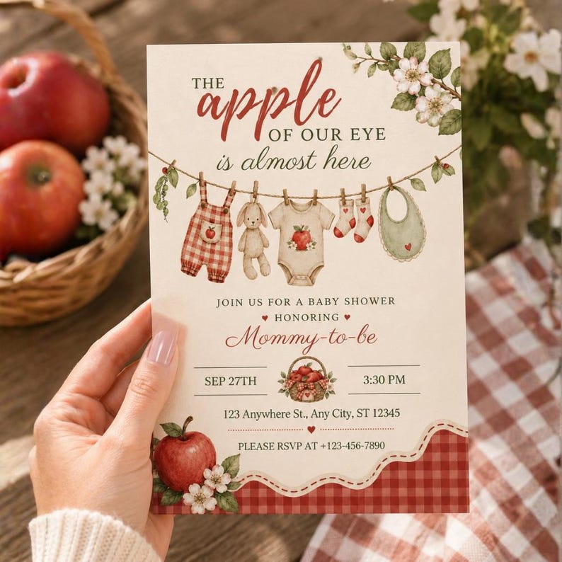 May include: A rectangular baby shower invitation card featuring the text THE apple OF OUR EYE is almost here. The design includes illustrations of baby clothes on a clothesline, a basket of apples, and a red gingham border at the bottom.