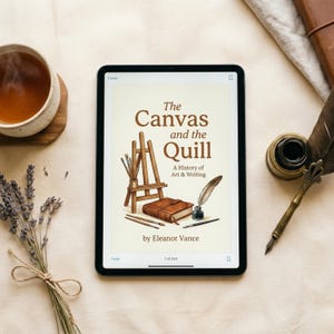 May include: An iPad displays the cover of "The Canvas and the Quill," a book about art and writing. The cover art features a wooden easel, paintbrushes, and a leather-bound book. A cup of tea, lavender, and a quill pen are also visible.