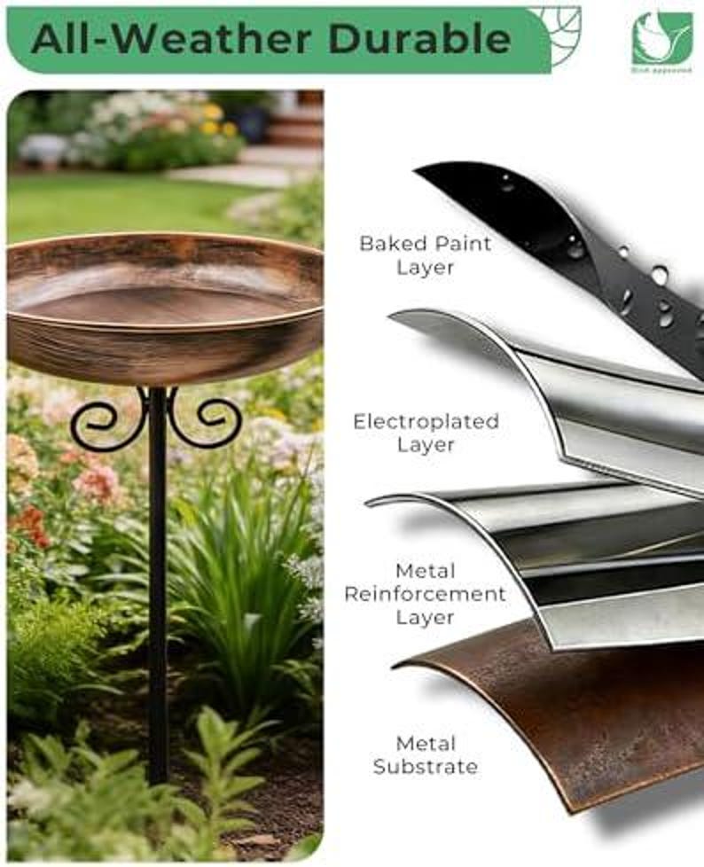 30" Tall Metal Bird Bath Stake, 10" Small Wild Bird Feeder Bowl, Vintage Style Outdoor Garden & Lawn Decor, Gift for Bird Watcher image 6