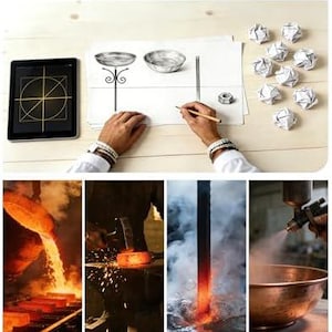 May include: A multi-panel image showing the production process of a metal bowl. It includes a sketch on paper, a tablet with a geometric design, crumpled paper balls, molten metal pouring, a hammer striking hot metal, and a spray-painted bowl.