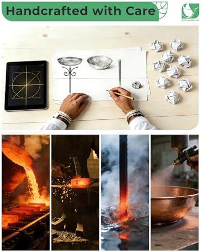 May include: A multi-panel image showing the production process of a metal bowl. It includes a sketch on paper, a tablet with a geometric design, crumpled paper balls, molten metal pouring, a hammer striking hot metal, and a spray-painted bowl.