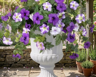 2 Pcs Artificial Petunias, Faux Morning Glory for Outdoor Garden & Porch | UV Resistant Fake Plants | Purple White Silk Florals