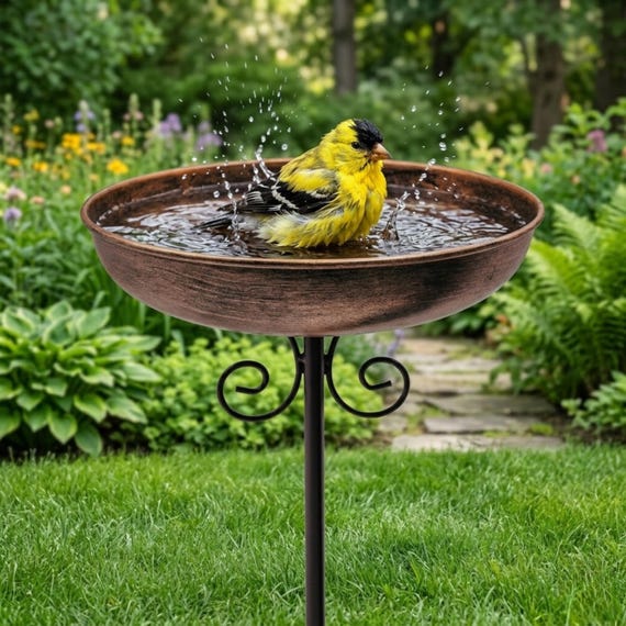 30" Tall Metal Bird Bath Stake, 10" Small Wild Bird Feeder Bowl, Vintage Style Outdoor Garden & Lawn Decor, Gift for Bird Watcher