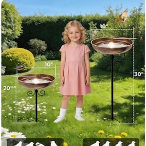 May include: Two copper-colored bird baths with black metal stands and scrollwork bases. One bird bath is 20.75 inches tall and the other is 30 inches tall. Both bowls are 10 inches in diameter. The text Adjustable Height is at the top.