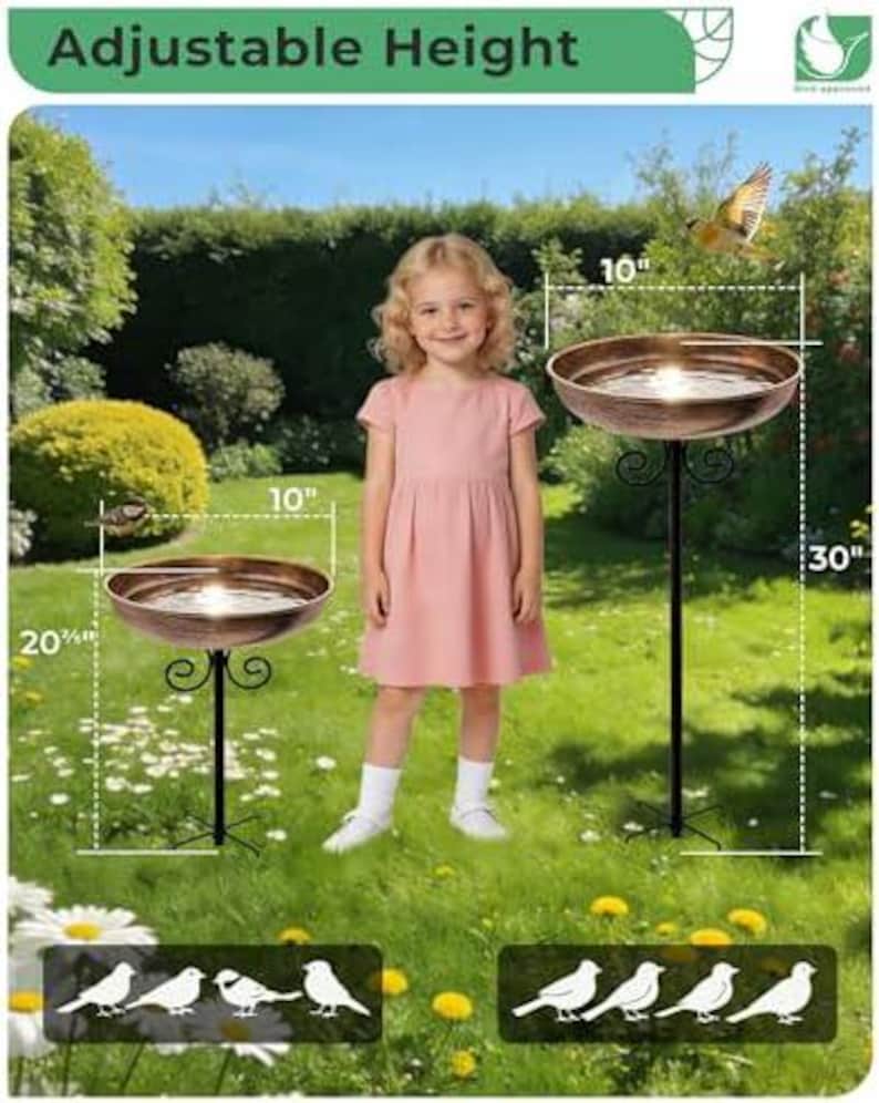 May include: Two copper-colored bird baths with black metal stands and scrollwork bases. One bird bath is 20.75 inches tall and the other is 30 inches tall. Both bowls are 10 inches in diameter. The text Adjustable Height is at the top.