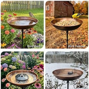 May include: A copper-colored metal bowl on a black stand, shown in four configurations: as a bird bath with water, a bird feeder with seeds, a bird bath with a solar fountain insert, and a bird bath containing a small black heater device.