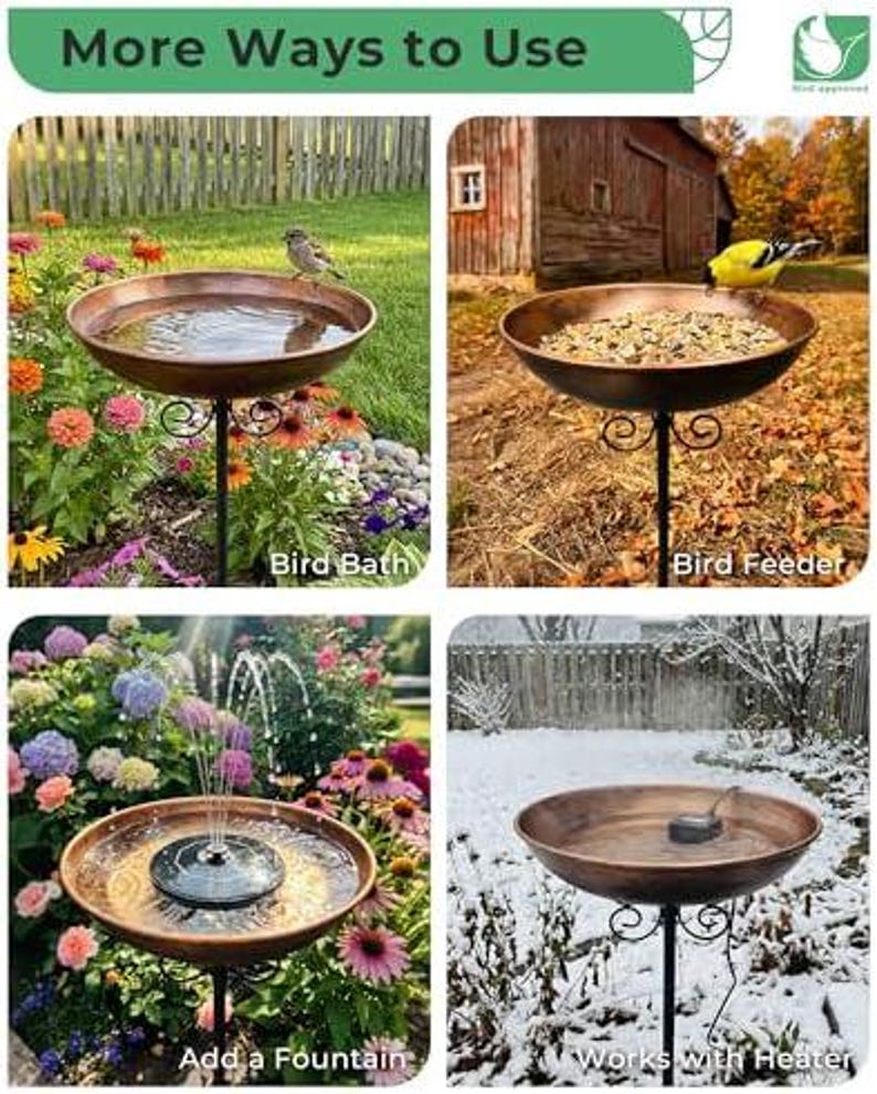 May include: A copper-colored metal bowl on a black stand, shown in four configurations: as a bird bath with water, a bird feeder with seeds, a bird bath with a solar fountain insert, and a bird bath containing a small black heater device.