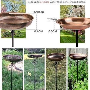 May include: A copper-colored metal bird bath on a black stake with scrollwork. Text reads Just Fill & Enjoy and Loved by Backyard Birds. Diagrams show a 1.6-inch deep basin holding 0.4 gallons and a 1-inch deep basin holding 0.3 gallons of water.
