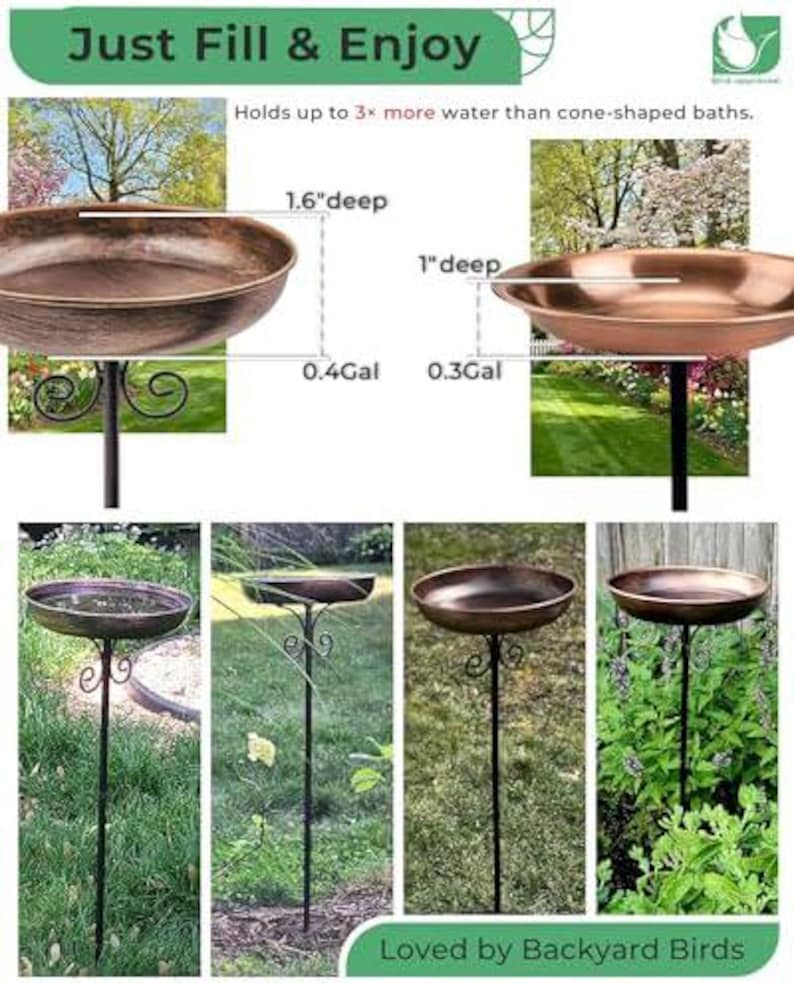 May include: A copper-colored metal bird bath on a black stake with scrollwork. Text reads Just Fill & Enjoy and Loved by Backyard Birds. Diagrams show a 1.6-inch deep basin holding 0.4 gallons and a 1-inch deep basin holding 0.3 gallons of water.