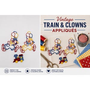 Vintage Clown & Train Embroidered Applique Patch Lot Carnival Circus Kids Craft