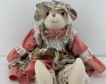 Vintage 1992 T.L. Toys Bunny Plush Doll Pink Patchwork Dress Farmhouse Decor