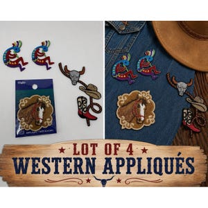 May include: A set of four embroidered iron-on patches featuring two Kokopelli figures, a horse head in a decorative frame, and a western-themed design with a cow skull, cowboy hat, and boot. The packaging includes the brand name Wrights.