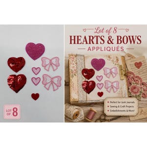 May include: A collection of eight heart and bow appliqués including two red sequined hearts, one glittery magenta heart, two pink and white gingham bows, two small pink hearts, and one tiny solid red heart, displayed on a white background.