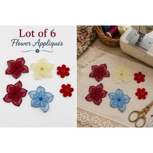 Lot 6 Floral Organza Appliques Embroidered Flower Patches Sheer Craft Sewing