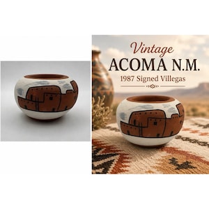 Vintage 1987 Signed Villegas Acoma N.M. Pueblo Pottery Vase Bowl Hand Painted