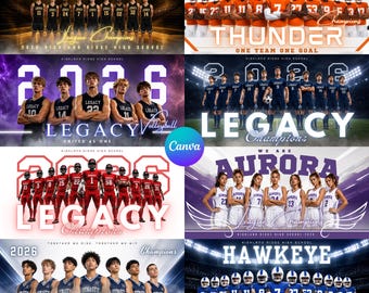 May include: A collage of eight sports team posters featuring various groups of athletes in uniforms. The images include text such as THE LEGACY, THUNDER, 2026, AURORA, and HAWKEYE, showcasing team members in stadium settings with bright lighting and graphic overlays.