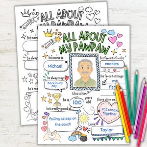 Può includere: Un foglio di attività stampabile All About My Pawpaw con un'illustrazione centrale di un uomo, sezioni da compilare per i dettagli personali, decorato con stelle, cuori e un arcobaleno disegnati a mano, accompagnato da matite colorate.