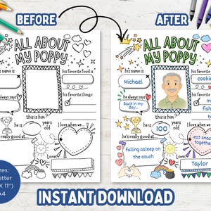 May include: A printable All About My Poppy activity sheet in two versions, blank and filled, featuring sections for name, favorite food, and hobbies. The design includes a photo frame, trophy, and heart icons. Text includes 2 Sizes: US Letter (8.5" x 11") & A4.