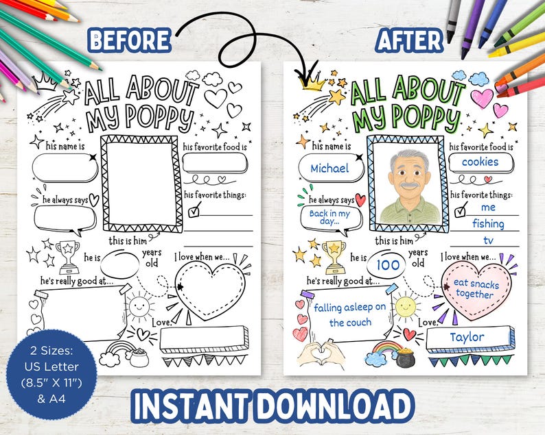 May include: A printable All About My Poppy activity sheet in two versions, blank and filled, featuring sections for name, favorite food, and hobbies. The design includes a photo frame, trophy, and heart icons. Text includes 2 Sizes: US Letter (8.5" x 11") & A4.