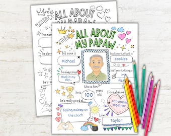 Cuestionario "Todo sobre mi abuelo", imprimible para el Día del Padre, regalo para el abuelo de parte del nieto/a, recuerdo de entrevista para niños, actividad para el Día del Padre.
