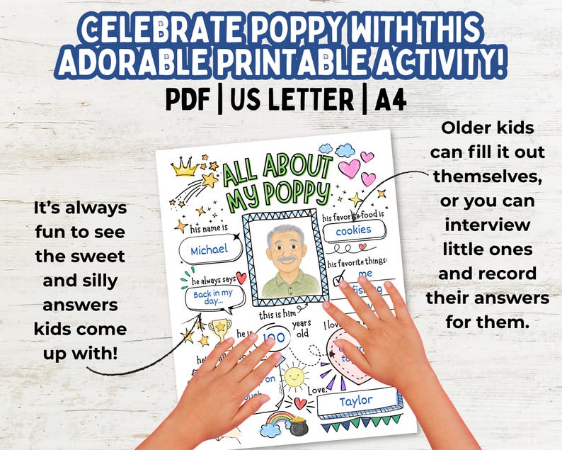 May include: A printable activity sheet titled ALL ABOUT MY POPPY featuring a central frame for a photo of a man, with fill-in-the-blank sections for his name, favorite food, favorite things, age, and a signature line for Taylor, decorated with drawings.