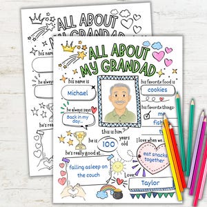 May include: A printable activity sheet titled All About My Grandad with hand-drawn illustrations of stars, hearts, and a trophy. The sheet includes fill-in-the-blank sections for personal details, a central portrait frame, and colored pencils.