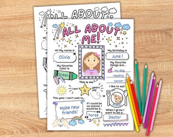 Hoja de trabajo imprimible "Todo sobre mí", página para colorear de entrevista para niños del primer día de clases, recuerdo de regreso a clases, hoja de actividades para el aula infantil.