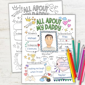 Vragenlijst All About My Daddy, afdrukbaar Vaderdag, cadeau voor papa van kind, aandenken aan interview voor kinderen, kleuractiviteit Vaderdag