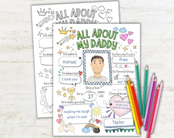 Cuestionario "Todo sobre mi papá", imprimible para el Día del Padre, regalo para papá de parte de sus hijos, recuerdo de entrevista infantil, actividad para colorear del Día del Padre.