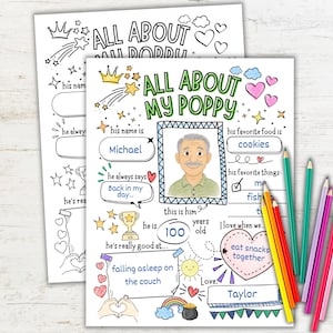 Two “All About My Poppy” printable worksheets stacked, one blank black-and-white version and one completed example filled in by a child. The pages include doodle illustrations and prompts with space for kids to write answers. Colored pencils are placed beside the worksheets, showing a creative Father’s Day kids activity.