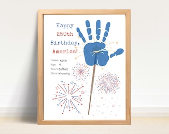 Manualidad con huellas de manos para el 250 aniversario de EE. UU., Arte con huellas de manos para el 4 de julio, Recuerdo del 250 aniversario de EE. UU., Imprimible patriótico, Actividad preescolar