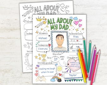 Cuestionario "Todo sobre mi papá", imprimible para el Día del Padre, regalo para papá de parte de sus hijos, recuerdo de entrevista infantil, actividad para colorear del Día del Padre.