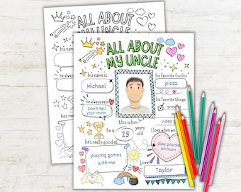 Cuestionario "Todo sobre mi tío", imprimible para el Día del Padre, regalo favorito de un niño para su tío, recuerdo de entrevista para niños, actividad para el Día del Padre.