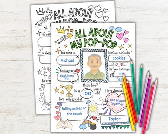 Cuestionario "Todo sobre mi abuelo", imprimible para el Día del Padre, regalo para el abuelo de parte del nieto, recuerdo de entrevista infantil, actividad para el Día del Padre.