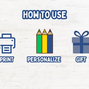May include: A graphic instructional guide titled HOW TO USE featuring three icons: a blue printer icon labeled PRINT, three colored pencils in green, yellow, and blue labeled PERSONALIZE, and a blue gift box icon labeled GIFT on a white background.