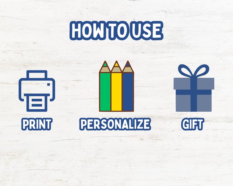 May include: A graphic instructional guide titled HOW TO USE featuring three icons: a blue printer icon labeled PRINT, three colored pencils in green, yellow, and blue labeled PERSONALIZE, and a blue gift box icon labeled GIFT on a white background.