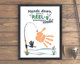 Arte de huellas de manos de tío pescando, regalo del Día del Padre de un niño pequeño o bebé, imprimible sin duda, manualidad de tío pescador para niños, el mejor regalo de tío para hacer tú mismo